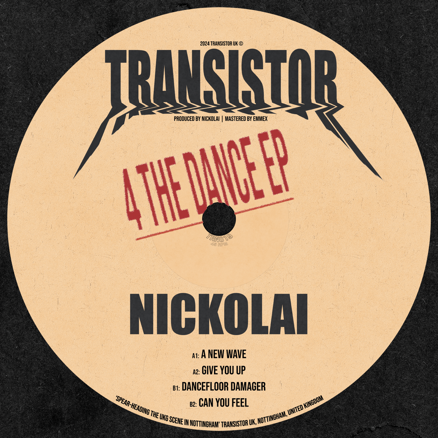 Record label for 'Transistor - The Dance EP' by Nickolai, featuring text and logo on a brown background.