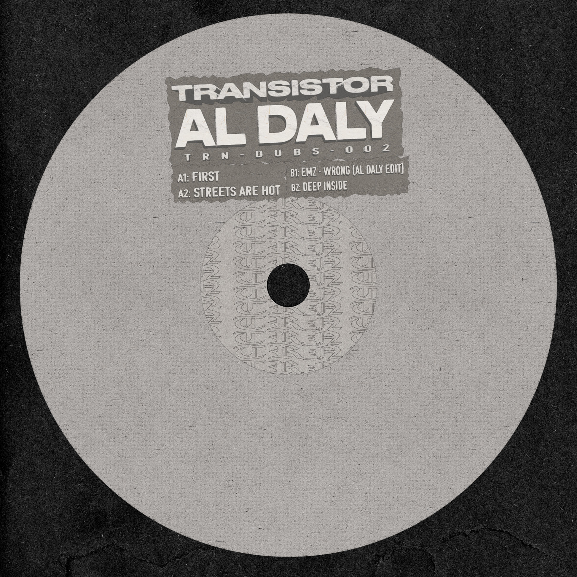 TRN-DUBS-002' Vinyl record with 'Transistor' and 'Al Daly' branding on a black background