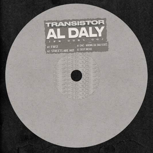 TRN-DUBS-002' Vinyl record with 'Transistor' and 'Al Daly' branding on a black background