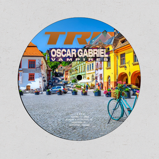 Vinyl record with a colourful cover featuring a street scene and 'TRN' 'OSCAR GABRIEL - VAMPIRES' branding.
