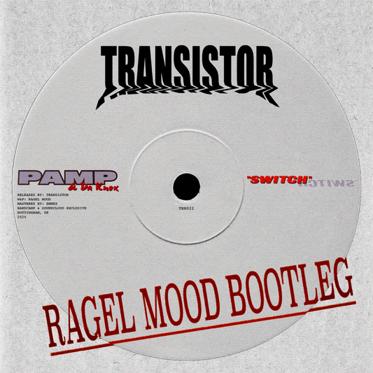 Vinyl record with 'Transistor' branding for 'Pmp & da Knox - switch (Ragel Mood Bootleg' on a gray background